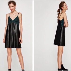 Zara Trafaluc Vegan black leather and gorgeous teal lace slip dress. Size Small